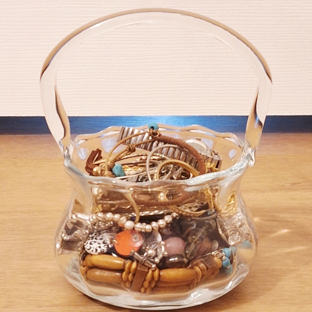 Vintage‎ Glass Basket with Assorted Costume Jewelry